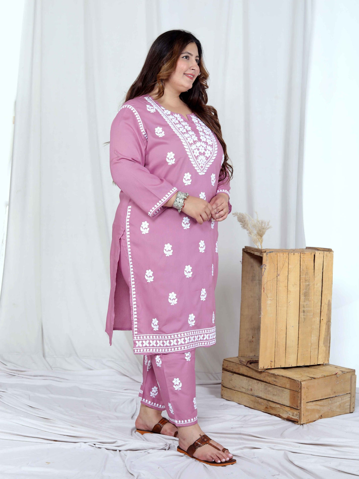 Miravan Womens Plus Size Chikankari Embroidery Pink Straight Kurta And Palazzo Set