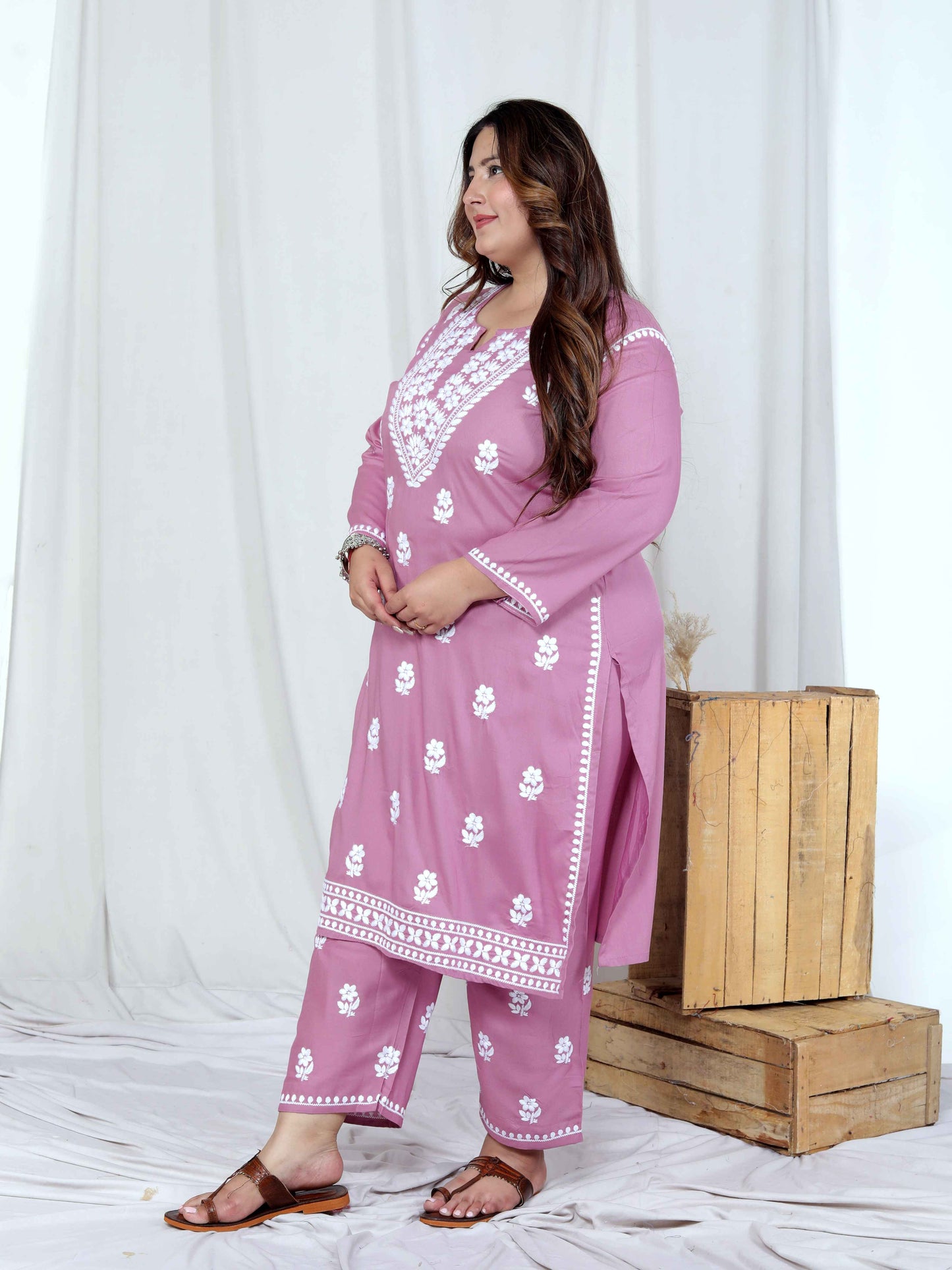 Miravan Womens Plus Size Chikankari Embroidery Pink Straight Kurta And Palazzo Set
