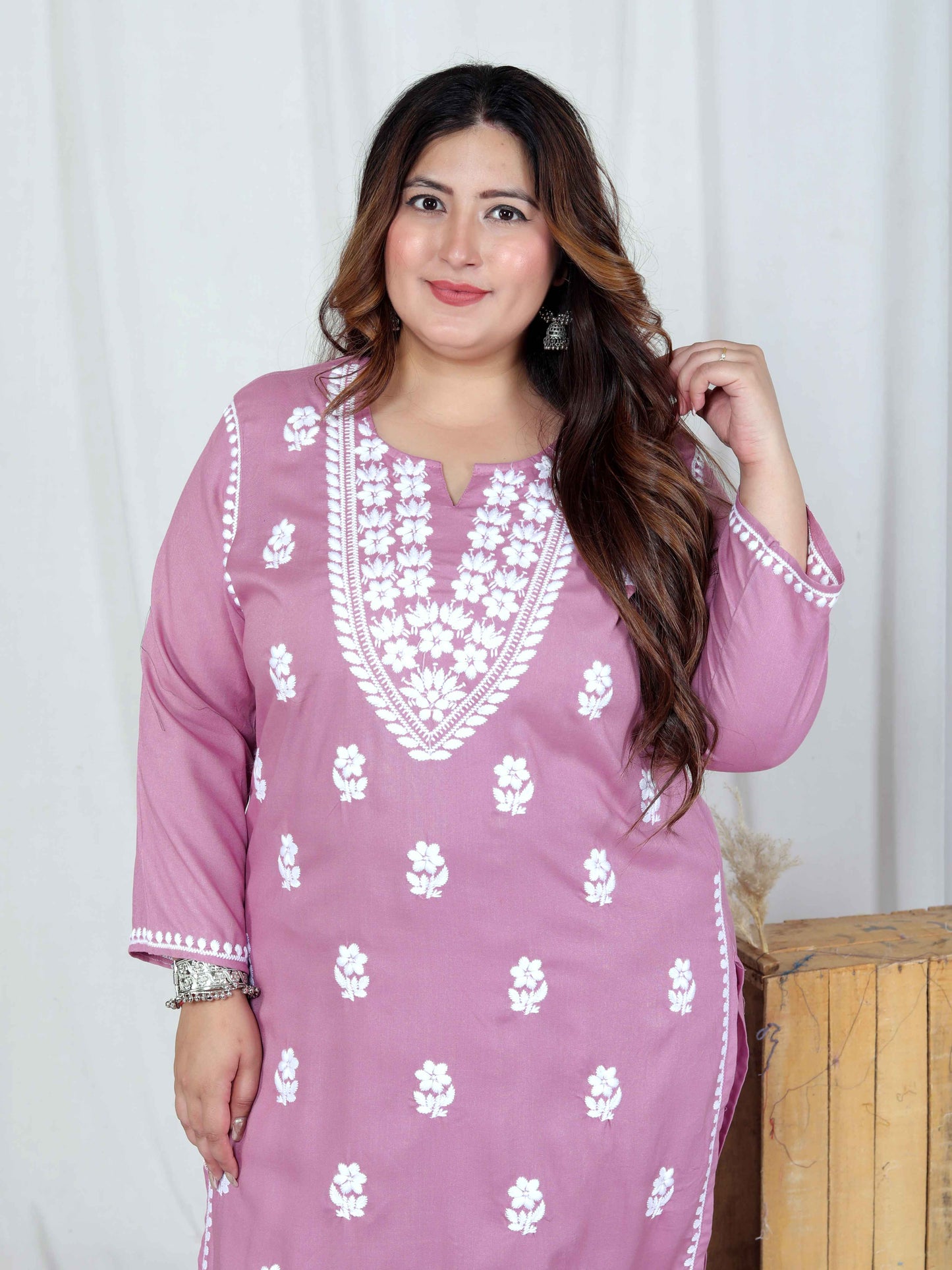 Miravan Womens Plus Size Chikankari Embroidery Pink Straight Kurta And Palazzo Set