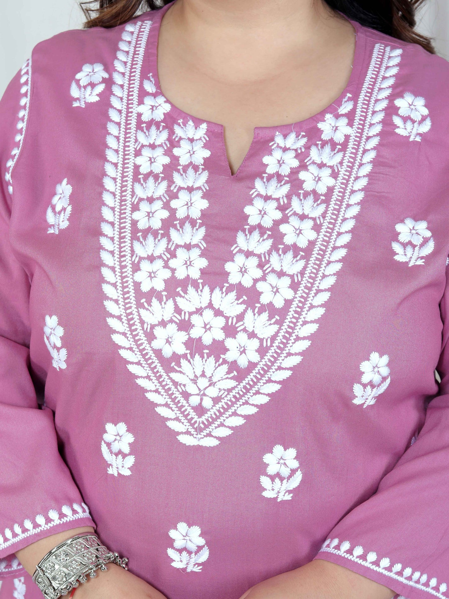 Miravan Womens Plus Size Chikankari Embroidery Pink Straight Kurta And Palazzo Set