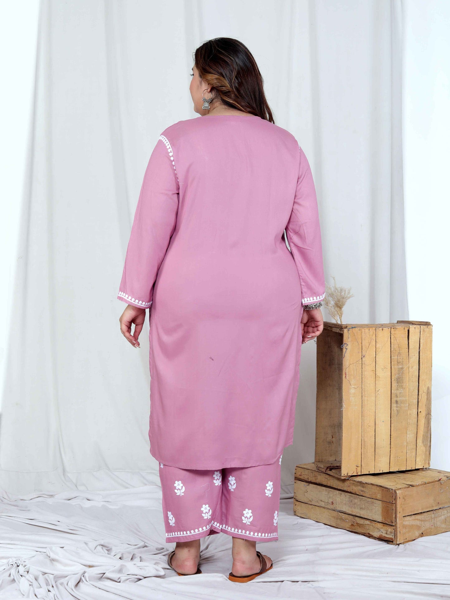 Miravan Womens Plus Size Chikankari Embroidery Pink Straight Kurta And Palazzo Set