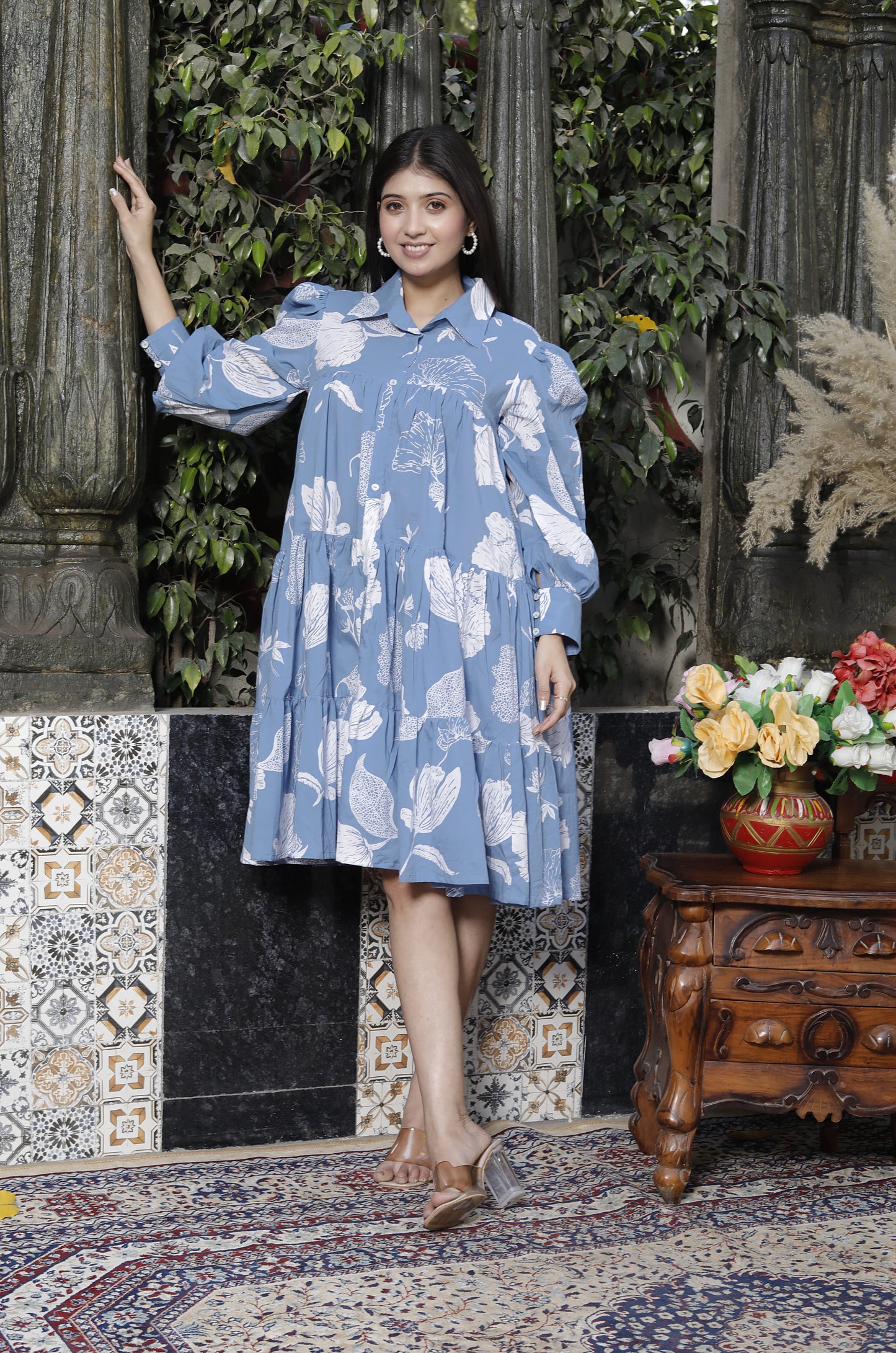 Miravan Womens Sky Blue Flower Printed Pure Cotton Collar Neck Loose Fit A-Line Tiered Dress
