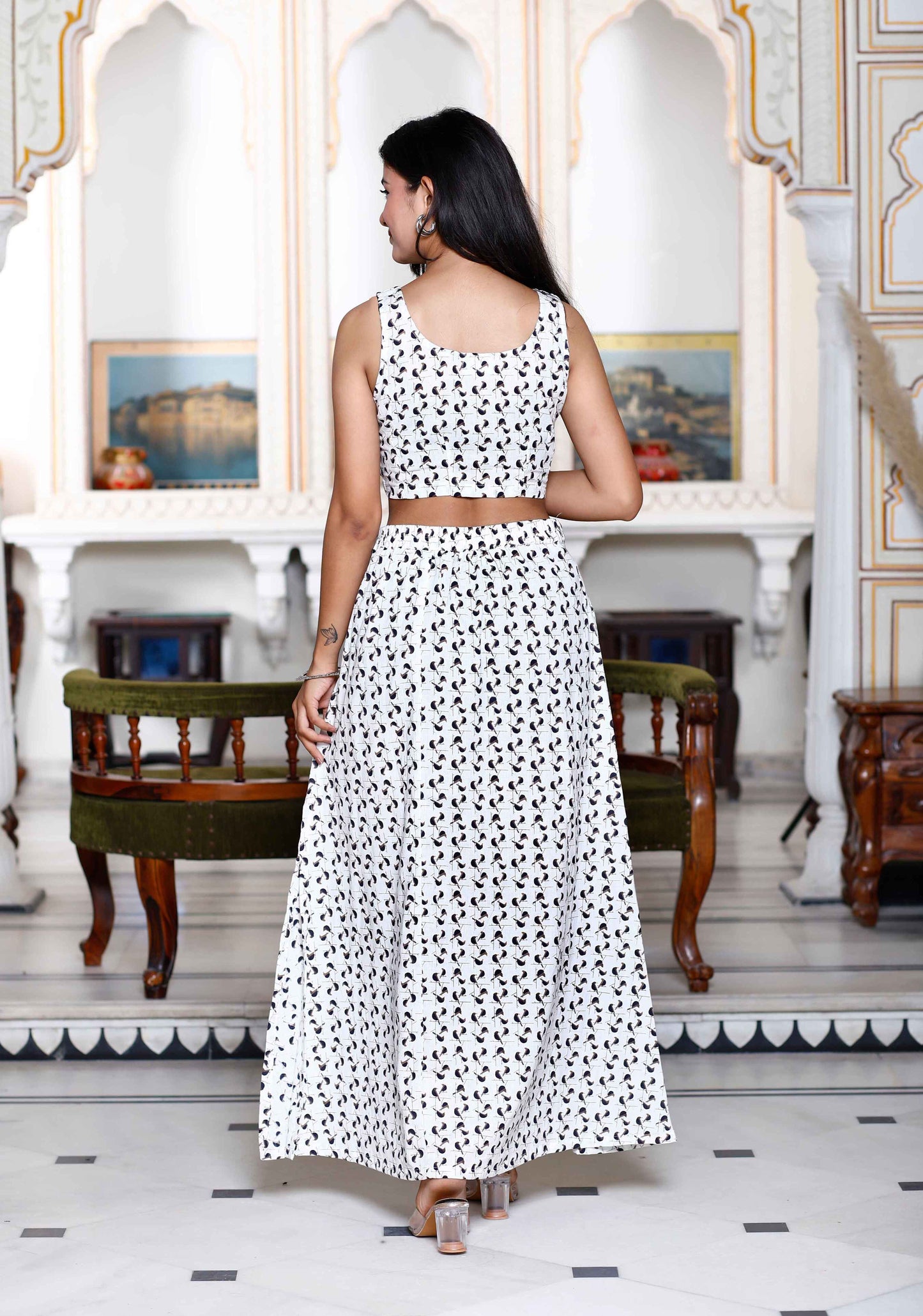 Women's White Animal Print Round Neck Top With Side Slit Skirt Co-Ord Set - Miravan