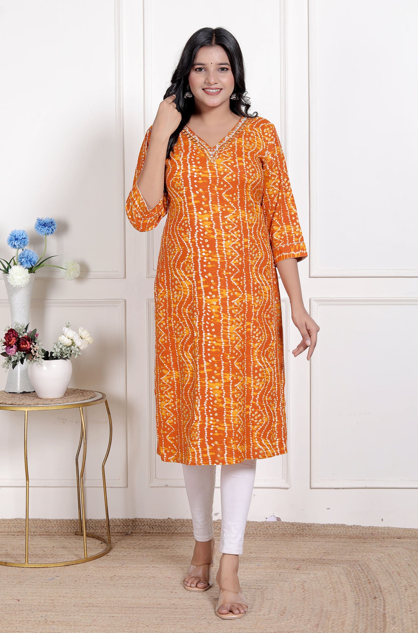 Miravan Womens Yellow Bandhani Printed Straight Kurti