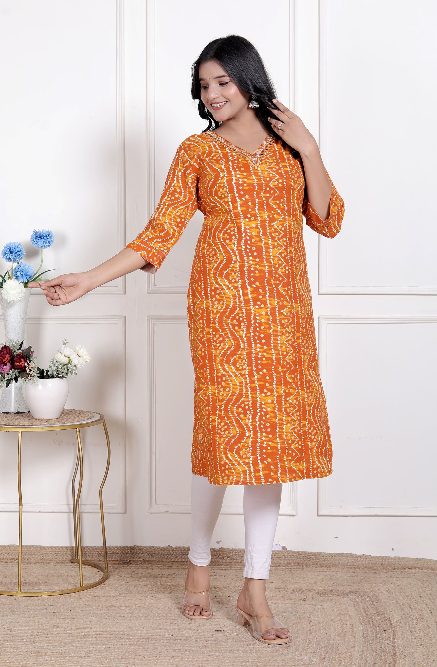 Miravan Womens Yellow Bandhani Printed Straight Kurti