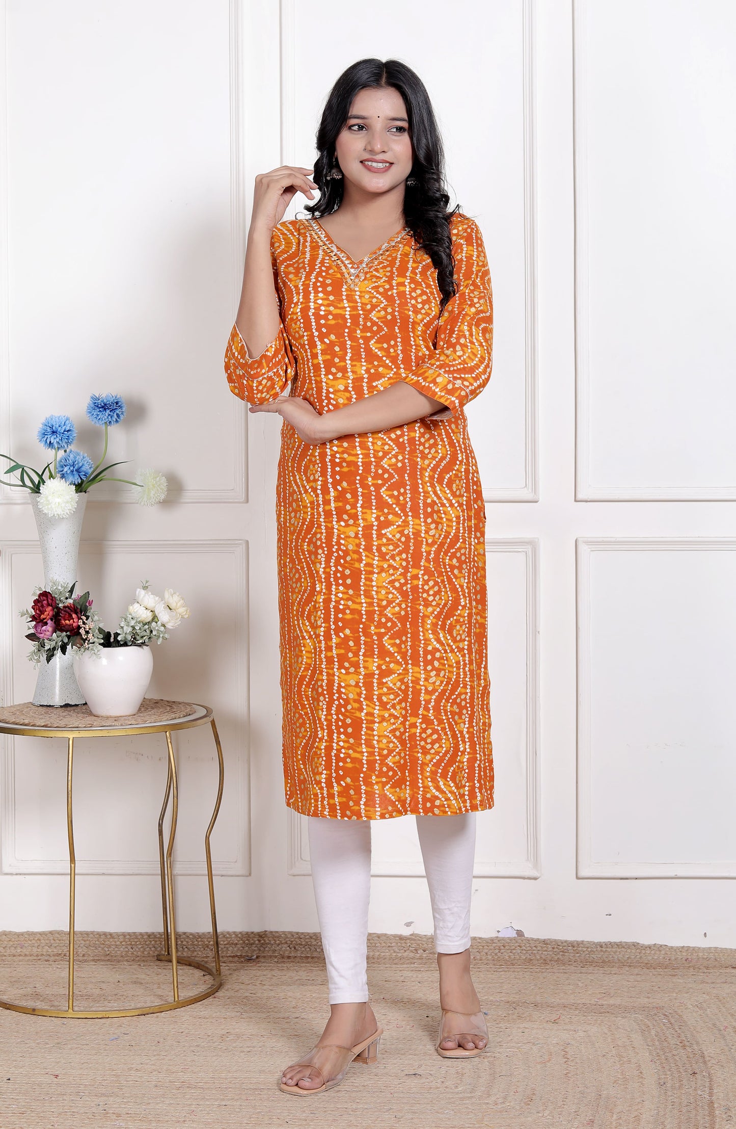Miravan Womens Yellow Bandhani Printed Straight Kurti