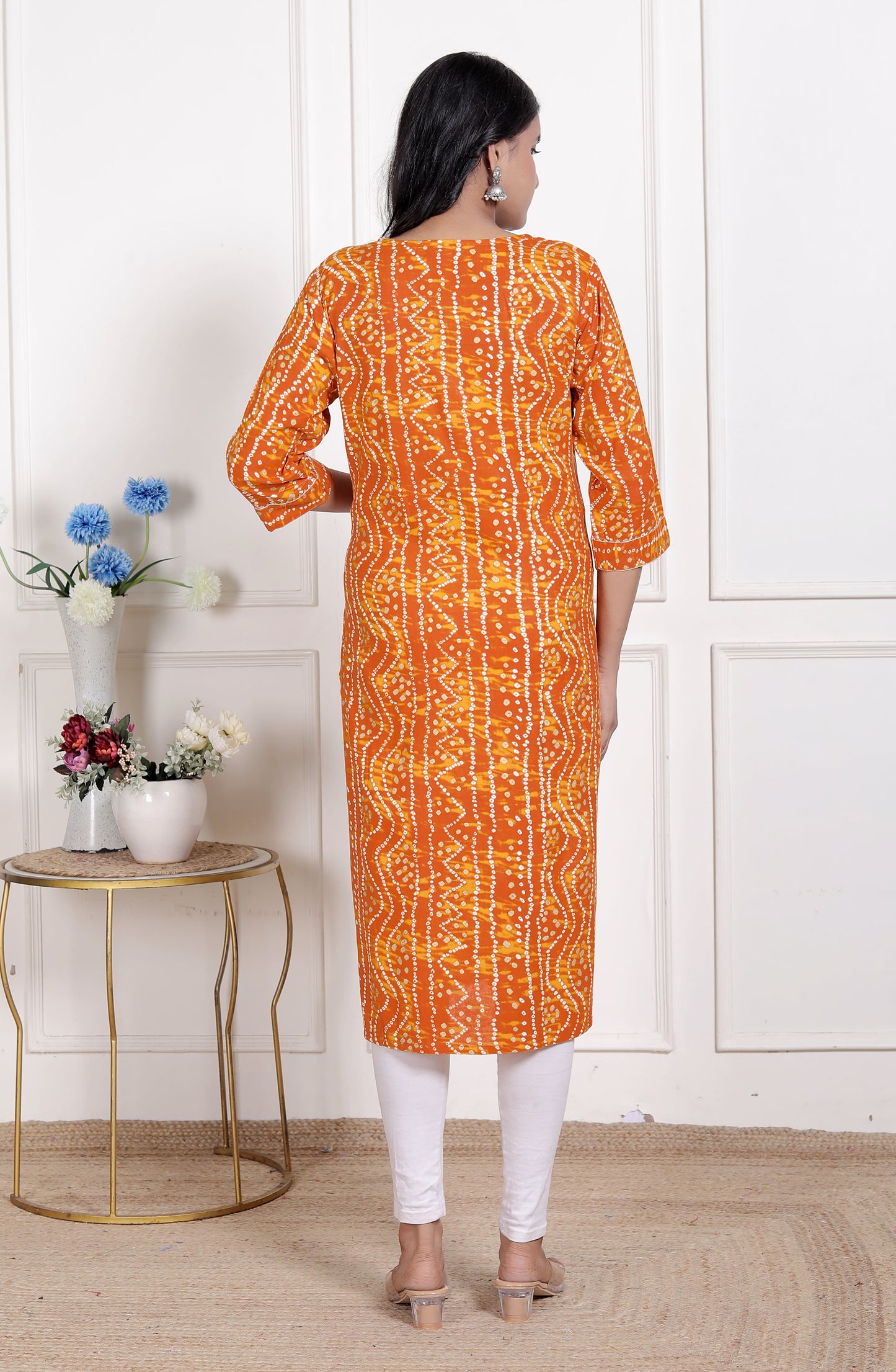 Miravan Womens Yellow Bandhani Printed Straight Kurti