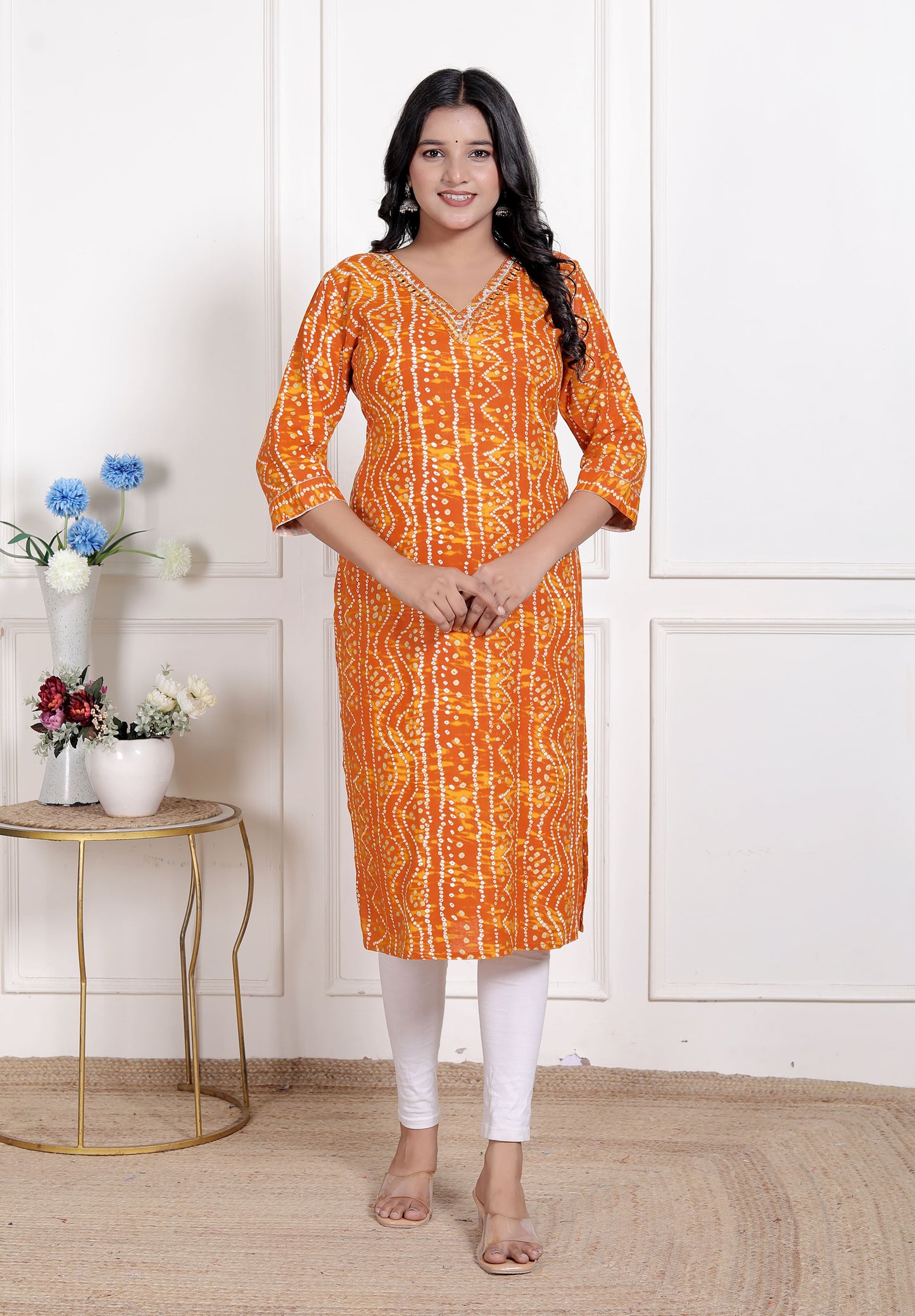 Miravan Womens Yellow Bandhani Printed Straight Kurti