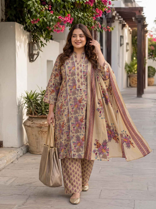 Miravan Womens Plus Size Multicolor Floral Printed Pure Cotton Kurta and Palazzo with Dupatta Set