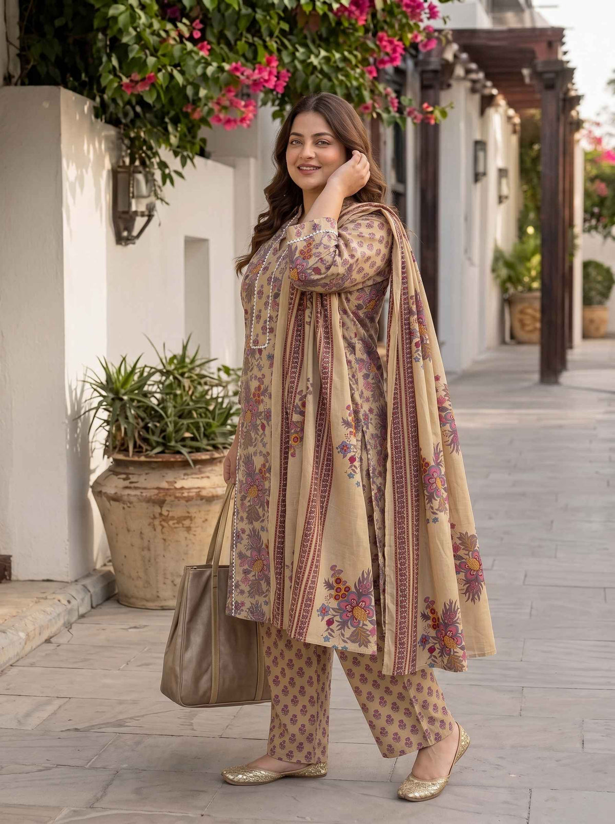 Miravan Womens Plus Size Multicolor Floral Printed Pure Cotton Kurta and Palazzo with Dupatta Set