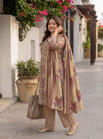 Miravan Womens Plus Size Multicolor Floral Printed Pure Cotton Kurta and Palazzo with Dupatta Set