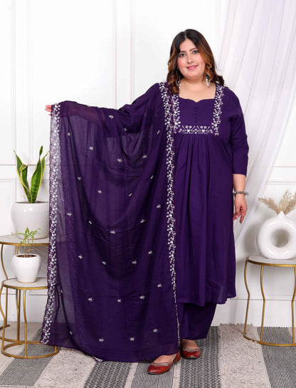 Women's Plus Size Cotton Purple A-Line Kurta With Embroidered Neck And Palazzo With Embroidered Dupatta Set - Miravan