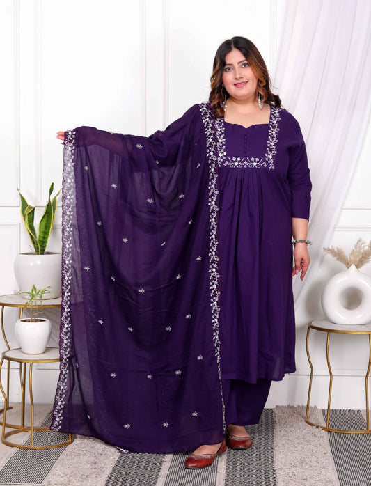 Women's Plus Size Cotton Purple A-Line Kurta With Embroidered Neck And Palazzo With Embroidered Dupatta Set - Miravan