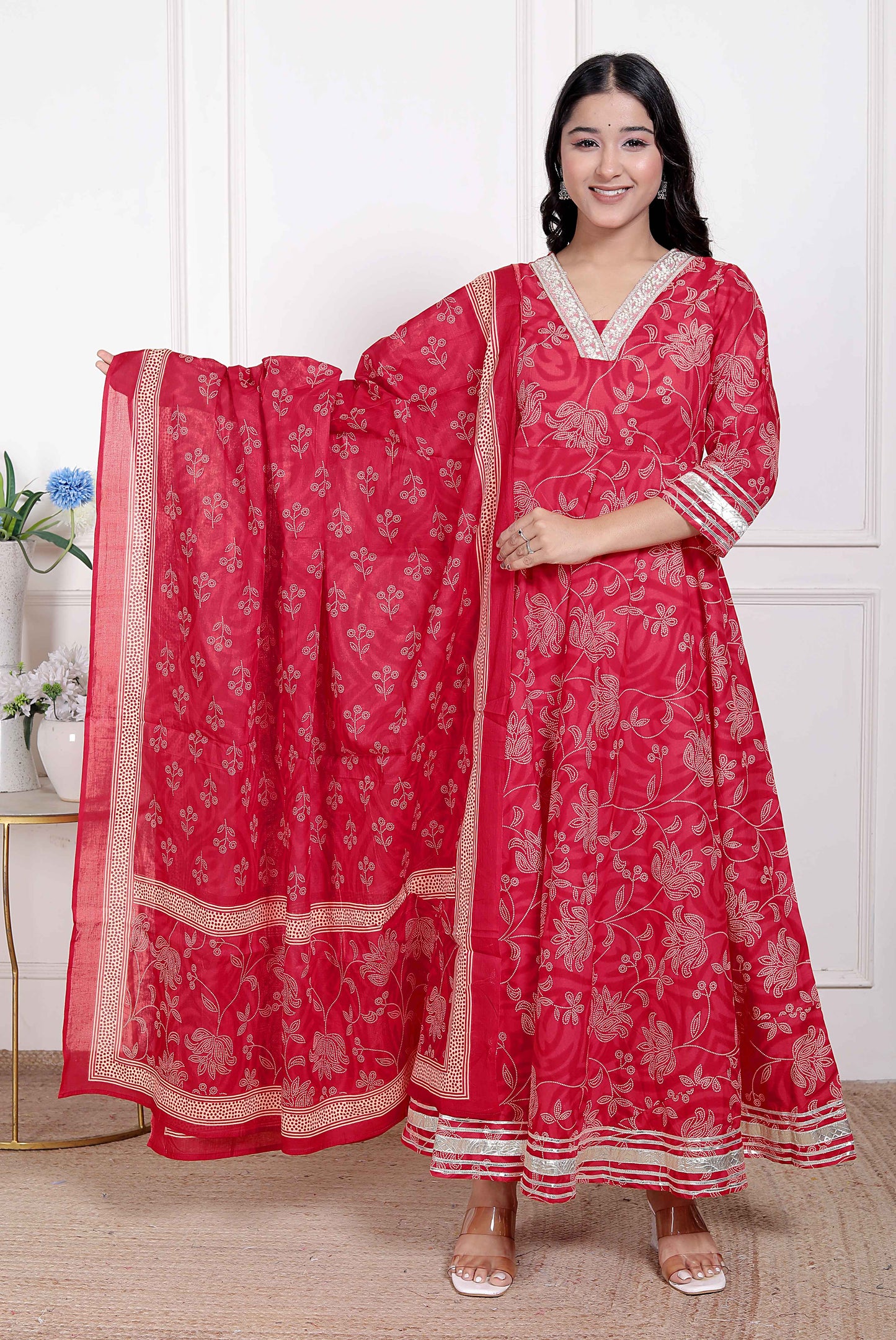 Miravan Women's red Embroidered Anarkali Kurta and Dupatta 