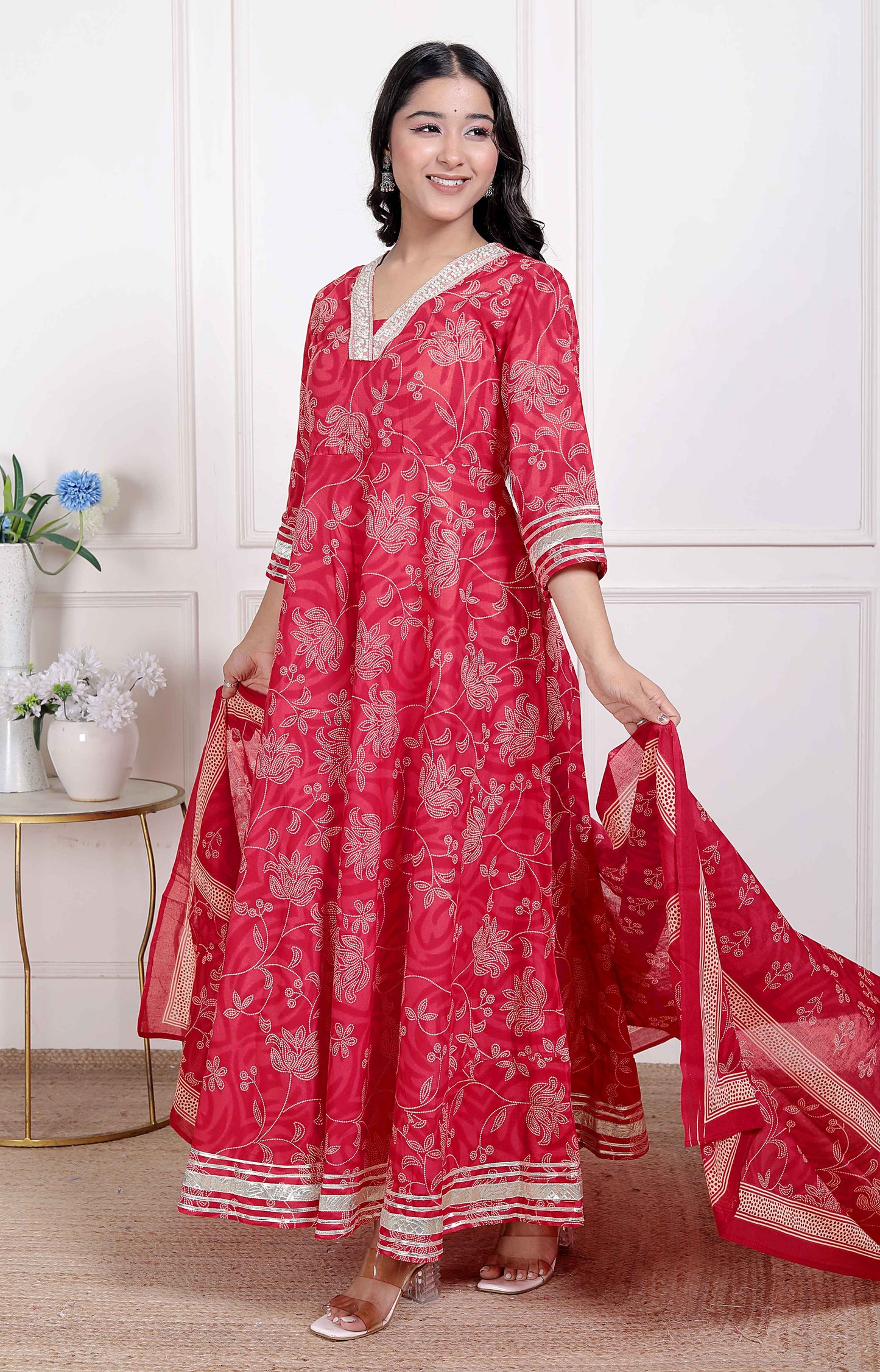 Miravan Women's red Embroidered Anarkali Kurta and Dupatta 