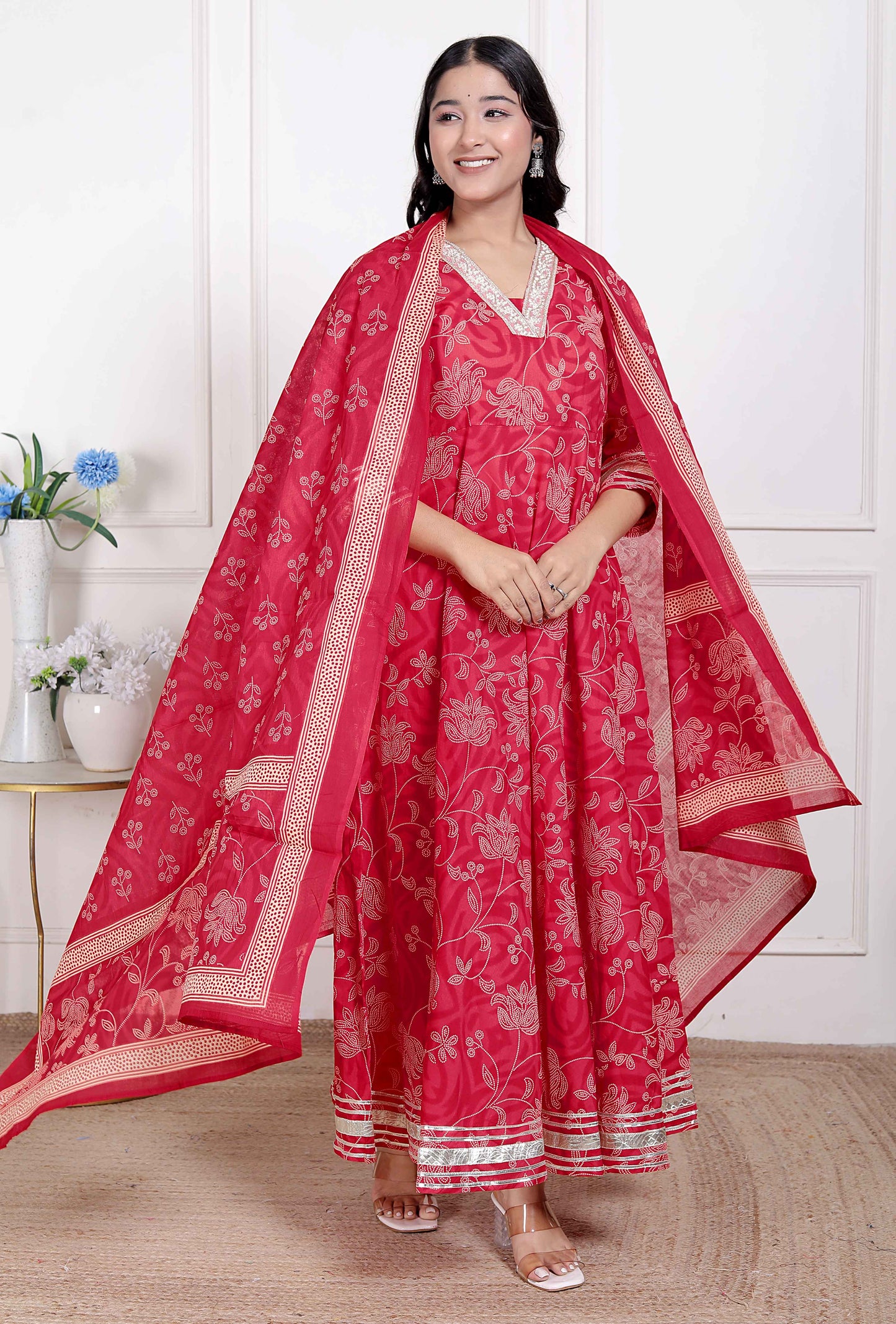 Miravan Women's red Embroidered Anarkali Kurta and Dupatta 