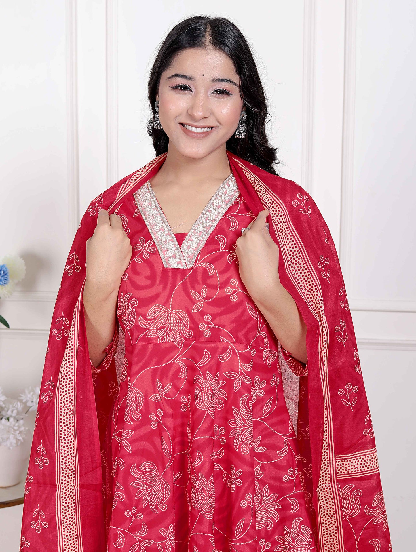 Miravan Women's red Embroidered Anarkali Kurta and Dupatta 