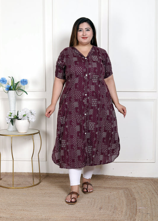 Miravan WOMENS Plus Size  Wine Mandarin Neck Floral Printed A-Line Party wear Kurta
