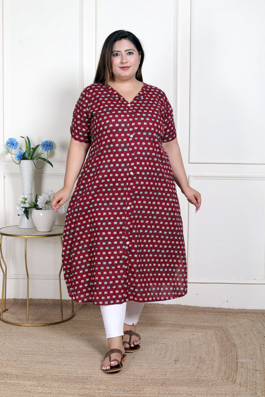 Miravan WOMENS Plus Size  Relaxed Fit Red Floral Printed A-Line Pure Cotton Kurta