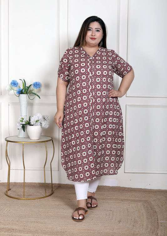 Miravan WOMENS Plus Size  Cotton Floral Printed Cream A-Line Kurta with Buttons
