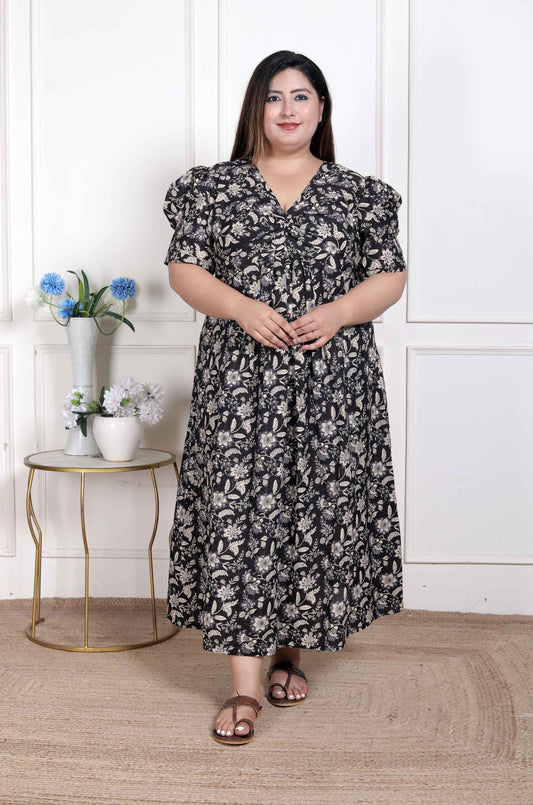 Miravan WOMENS Plus Size  Pleated Puff Sleeve Floral Pure Cotton Black And White Butterfly Maxi Dress