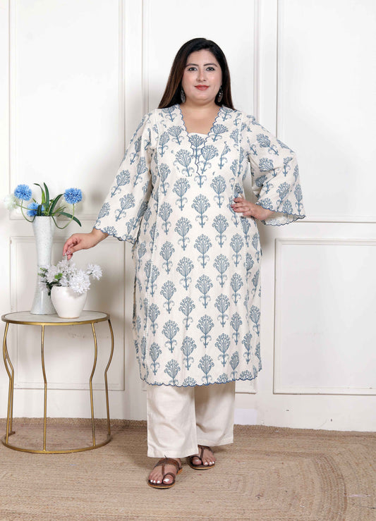 Miravan Womens Plus Size Off White Floral Printed Cotton Flex Kurta with Pant