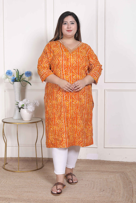 Miravan WOMENS Plus Size  Yellow Bandhani Printed Straight Kurta