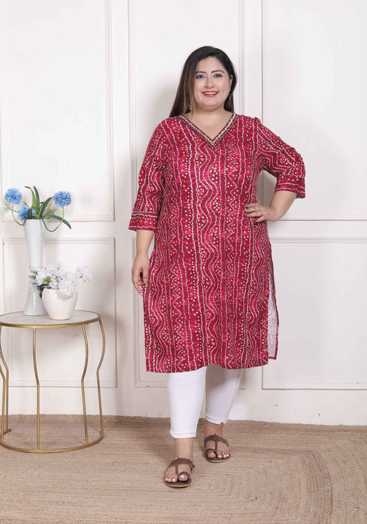 Miravan WOMENS Plus Size  Bandhej Printed Rayon Kurta Magenta