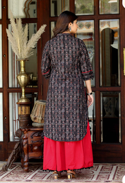Women's Black Printed Pure Cotton Kurta With Skirt - Miravan