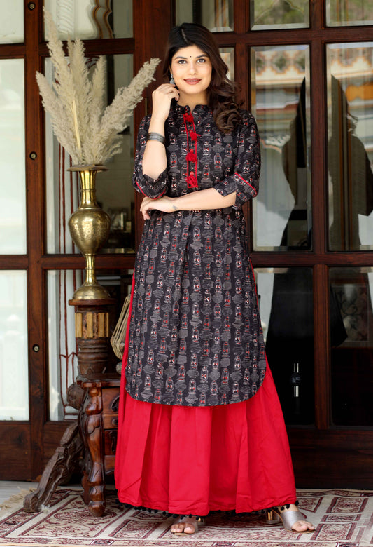 Women's Black Printed Pure Cotton Kurta With Skirt - Miravan