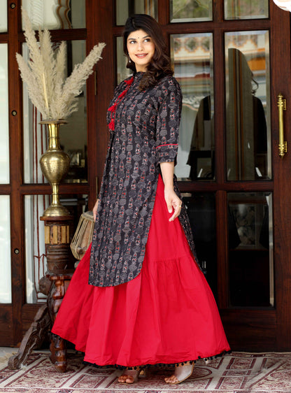Women's Black Printed Pure Cotton Kurta With Skirt - Miravan