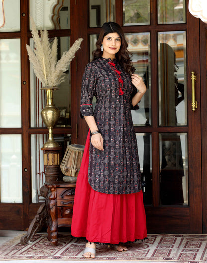 Women's Black Printed Pure Cotton Kurta With Skirt - Miravan