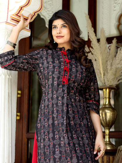 Women's Black Printed Pure Cotton Kurta With Skirt - Miravan