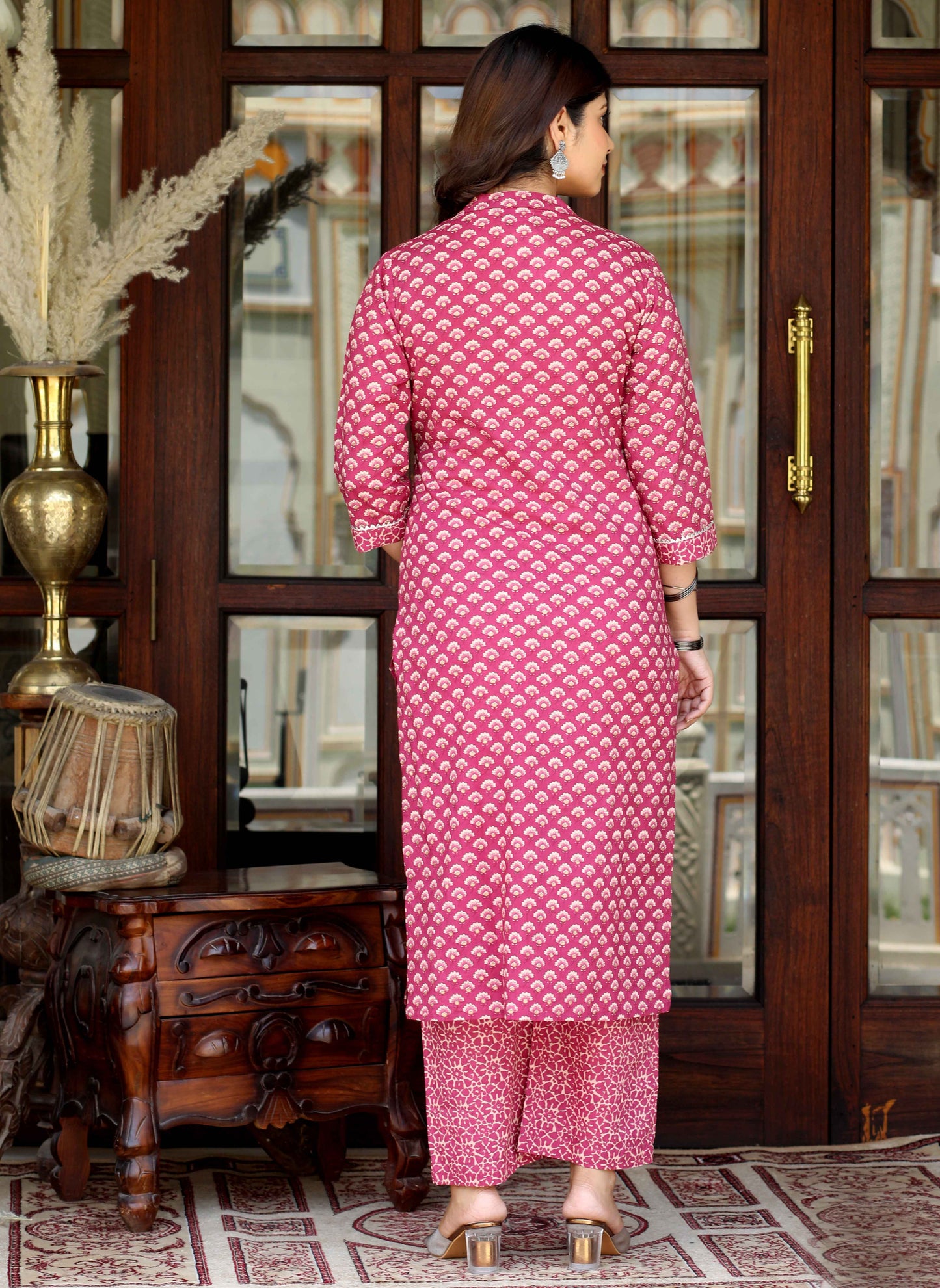 Women's Pink Straight Floral Printed Kurta & Palazzo With Dupatta Set -Miravan