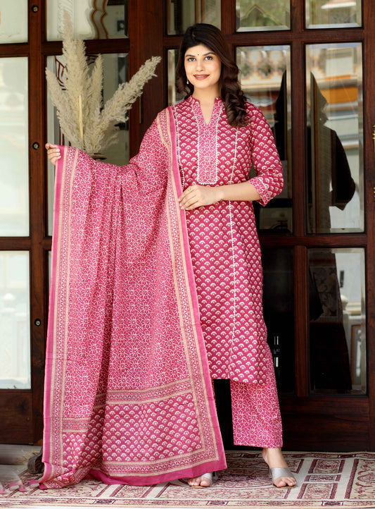 Women's Pink Straight Floral Printed Kurta & Palazzo With Dupatta Set -Miravan