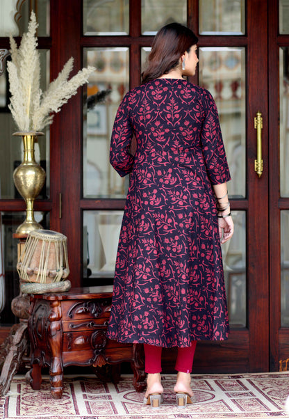 Women's Maroon Pure Floral Printed Anarkali Kurta With Gold Print Dupatta - Miravan