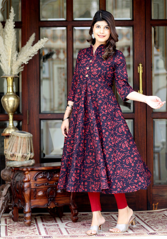 Women's Maroon Pure Cotton Floral Print Anarkali Kurta - Miravan