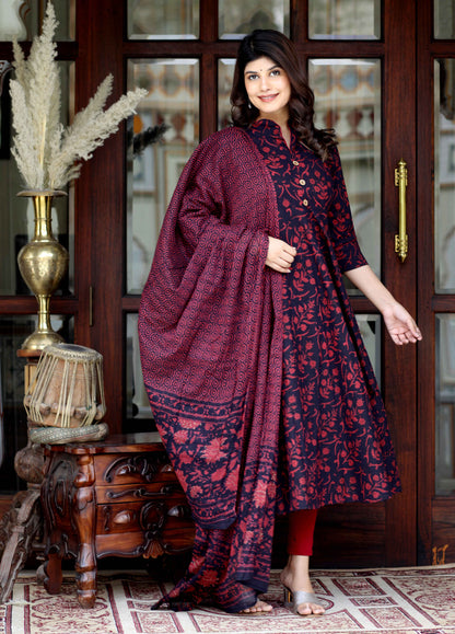 Women's Maroon Pure Floral Printed Anarkali Kurta With Gold Print Dupatta - Miravan