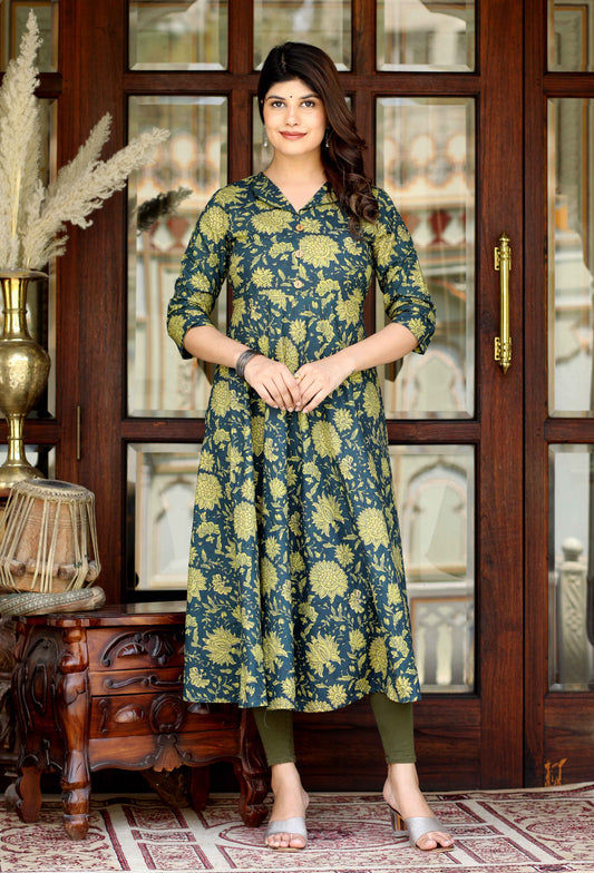 Women's Green Pure Cotton Floral Printed Anarkali Kurta - Miravan