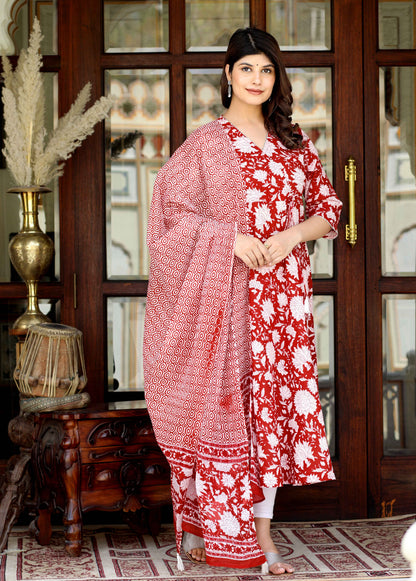 Women's Red Cotton Floral Printed Anarkali Kurta With Dupatta - Miravan