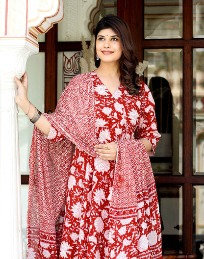 Women's Red Cotton Floral Printed Anarkali Kurta With Dupatta - Miravan
