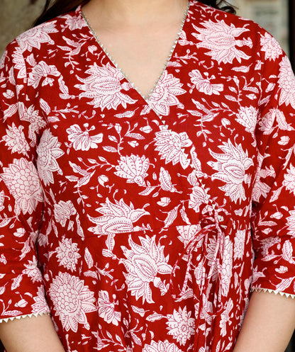 Women's Red Cotton Floral Printed Anarkali Kurta - Miravan