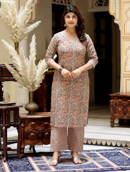 Women's Brown  Pure Cotton Printed Straight Kurta And Palazzo - Miravan