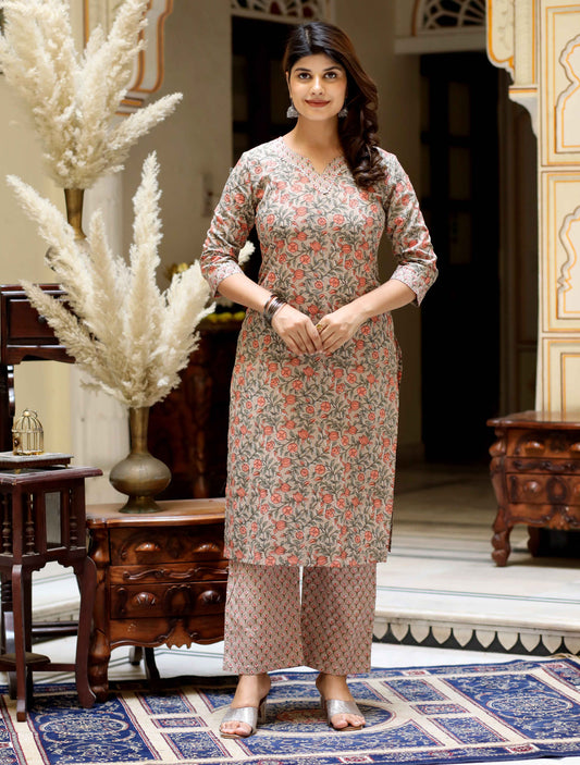 Women's Brown  Pure Cotton Printed Straight Kurta And Palazzo - Miravan