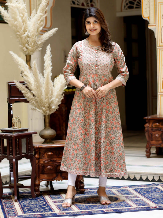Women's Beige Cotton Floral Printed Anarkali Kurta - Miravan
