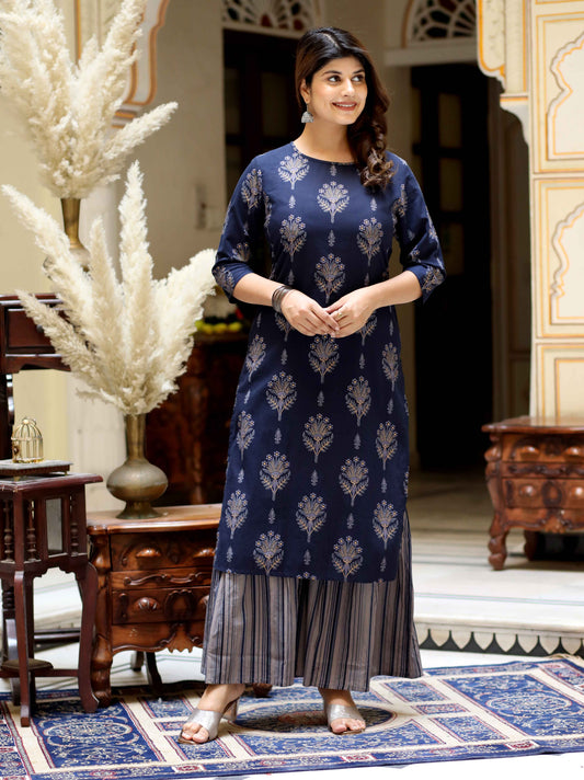 Women's Blue & Grey Printed Pure Cotton Kurta With Sharara - Miravan