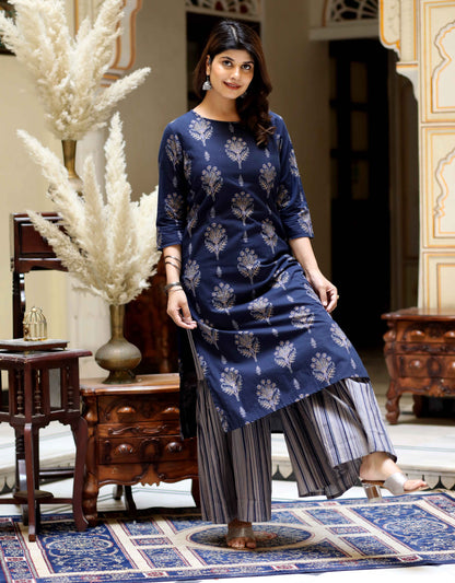 Women's Blue & Grey Printed Pure Cotton Kurta With Sharara - Miravan