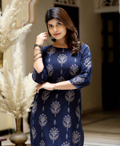 Women's Blue & Grey Printed Pure Cotton Kurta With Sharara - Miravan
