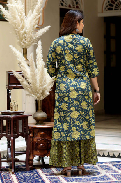 Women's Green Cotton Floral Straight Kurta & Sharara With Dupatta Set - Miravan