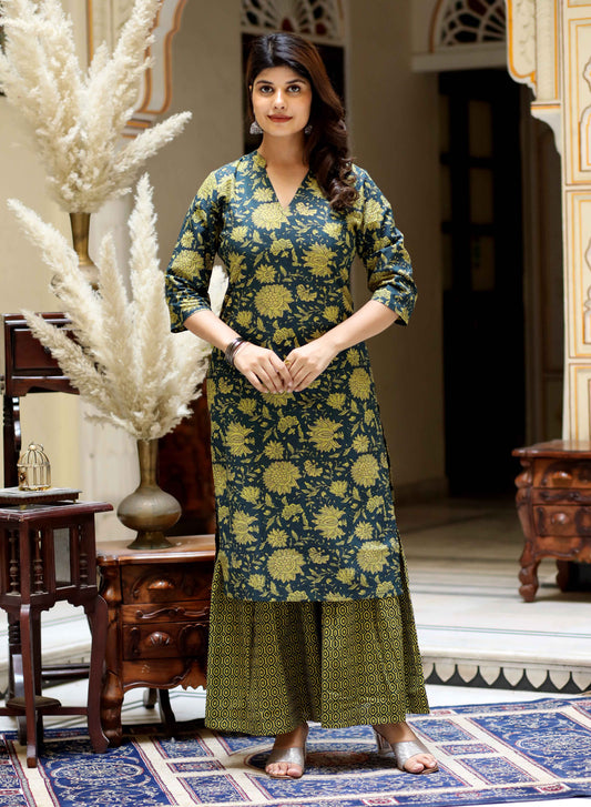 Women's Green & Yellow Floral Printed Pure Cotton Kurta With Sharara - Miravan